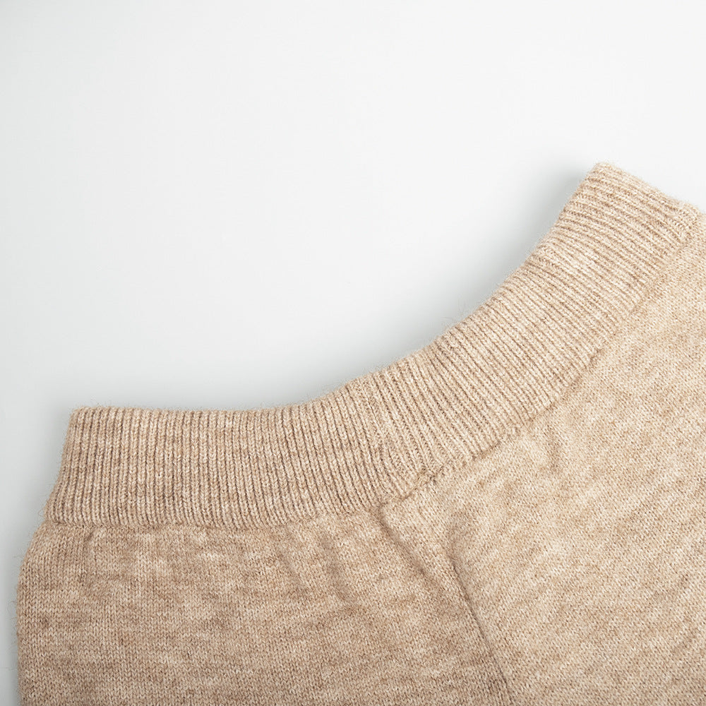 Oversized Turtleneck Sweater & Wide-Leg Knit Pants Set in Camel — close-up of the ribbed pull-on waistband