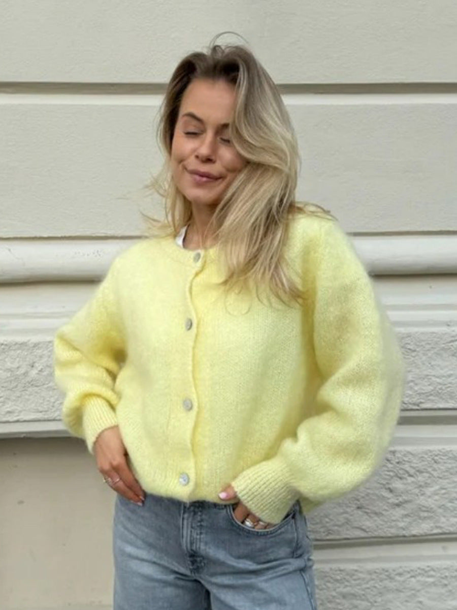 Soft Fuzzy Crew Neck Button Cardigan in Lemon — front view on model