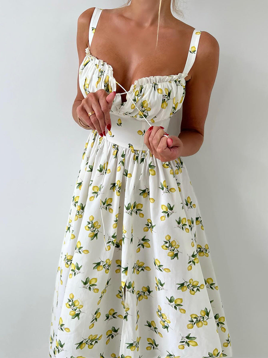 Printed Tie-Strap Maxi Dress with Side Slit in Lemon Print — side view, studio