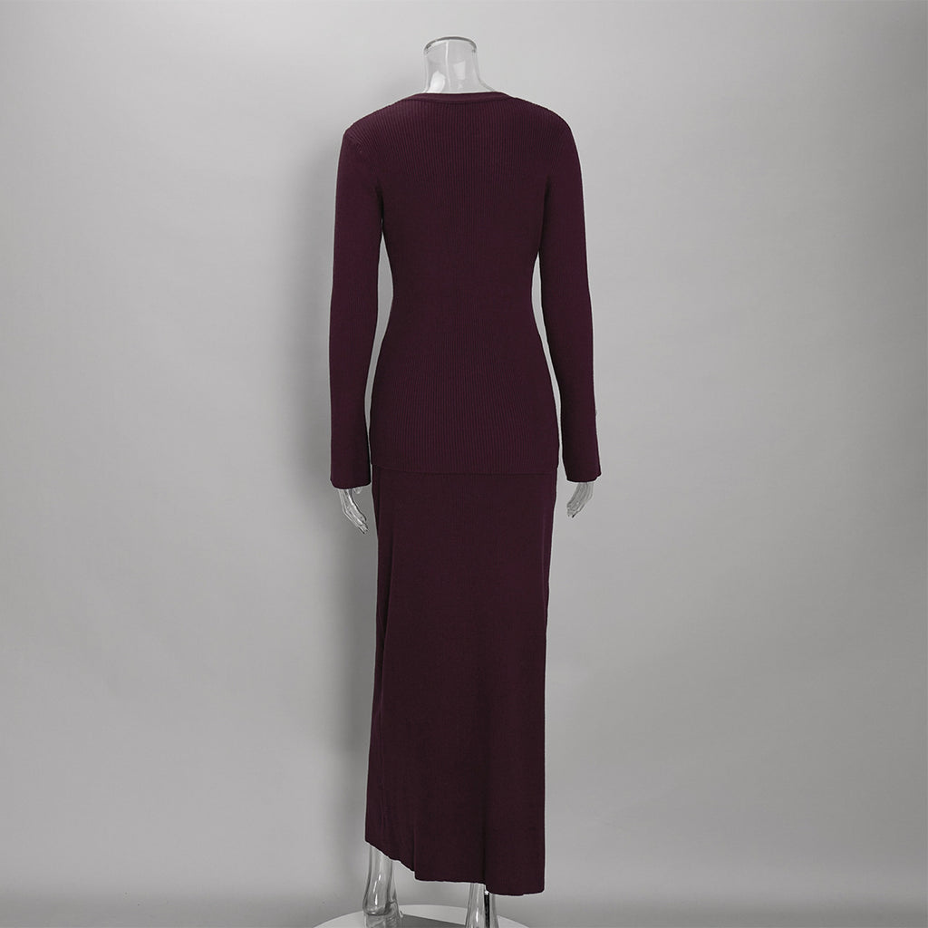 Ribbed V-Neck Button Cardigan & Fitted Knit Maxi Skirt Set in Plum — set back view