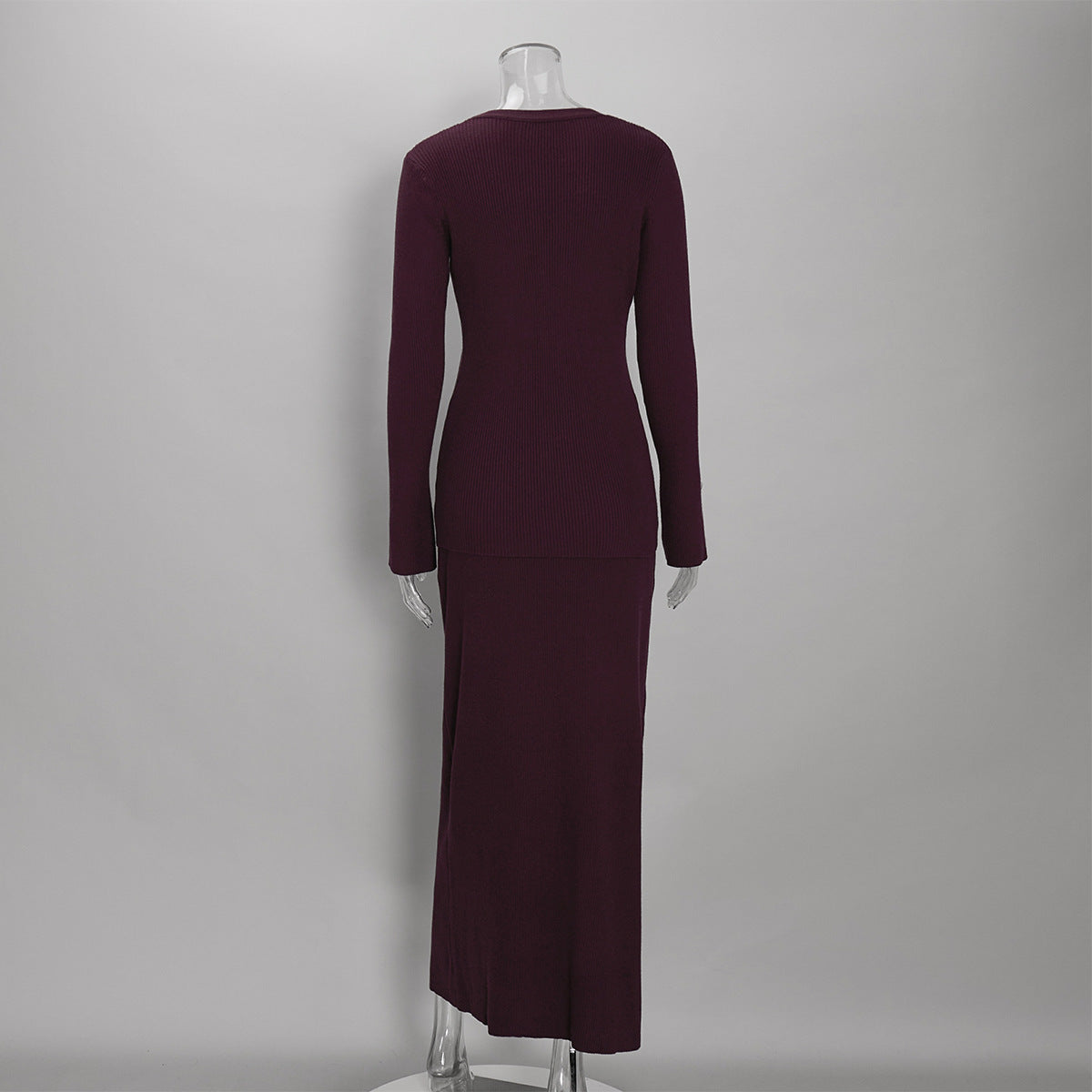 Ribbed V-Neck Button Cardigan & Fitted Knit Maxi Skirt Set in Plum — set back view