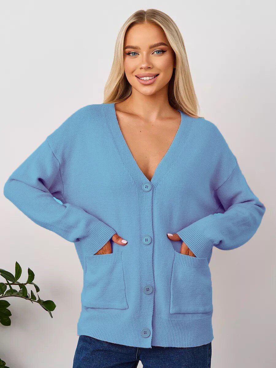 V-Neck Button Cardigan with Patch Pockets in Sky Blue — front view on model with jeans