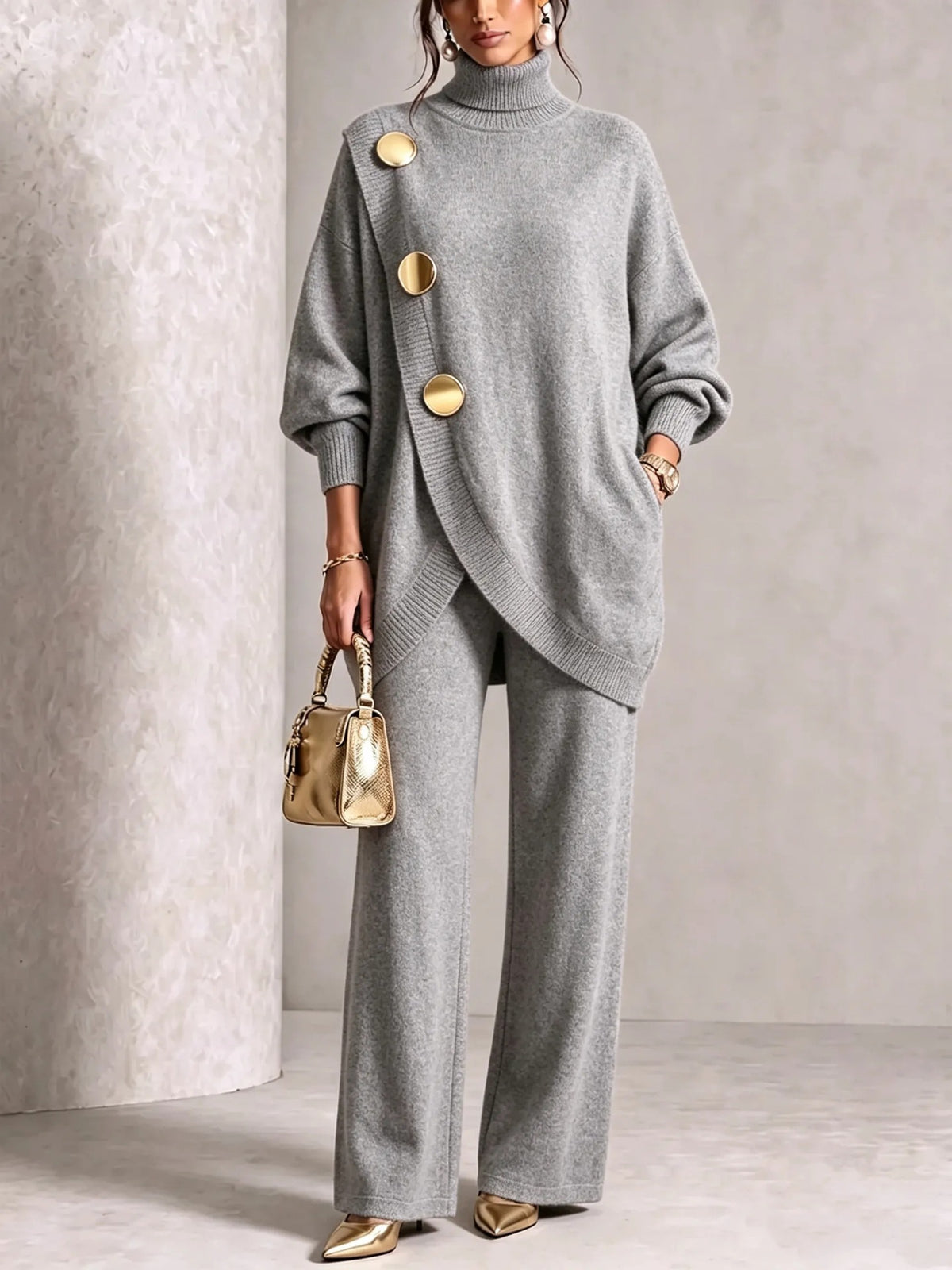 Asymmetric Turtleneck Sweater & Wide-Leg Knit Pants Set in Gray — full-length view on model