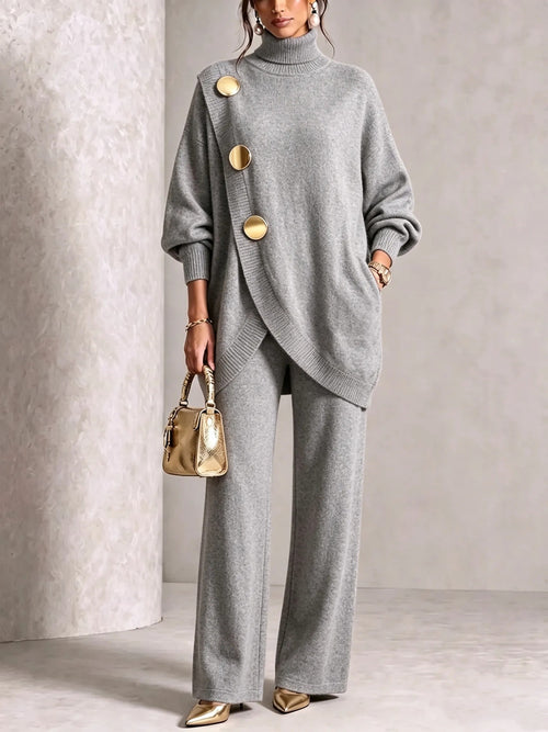 Asymmetric Turtleneck Sweater & Wide-Leg Knit Pants Set in Gray — full-length view on model