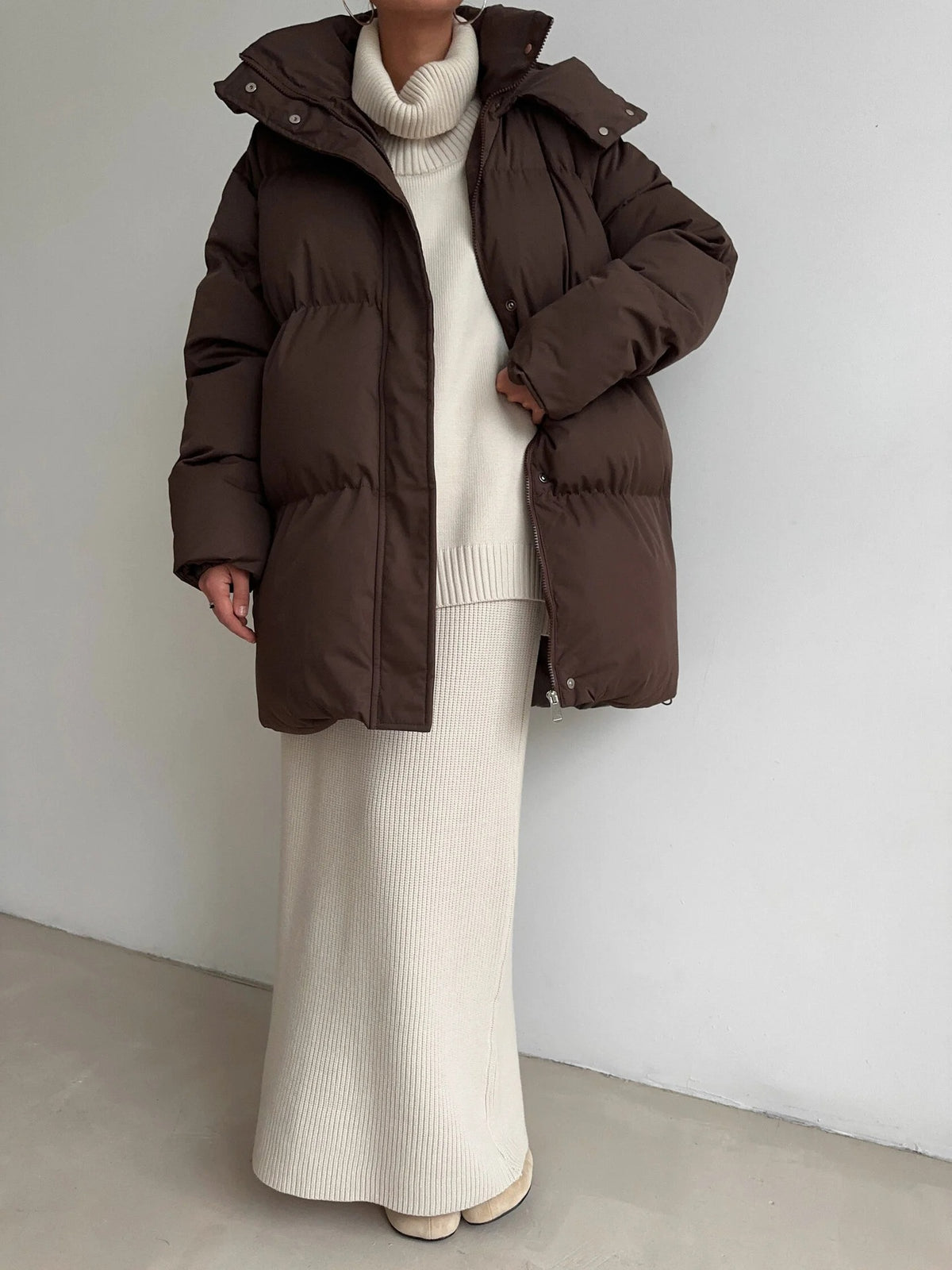 Belted Hooded Puffer Jacket with Zip Front in Espresso Brown — worn open, front view on model