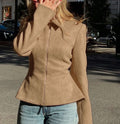 Fitted Faux Suede Zip Jacket with Peplum Hem in Camel — front view on model