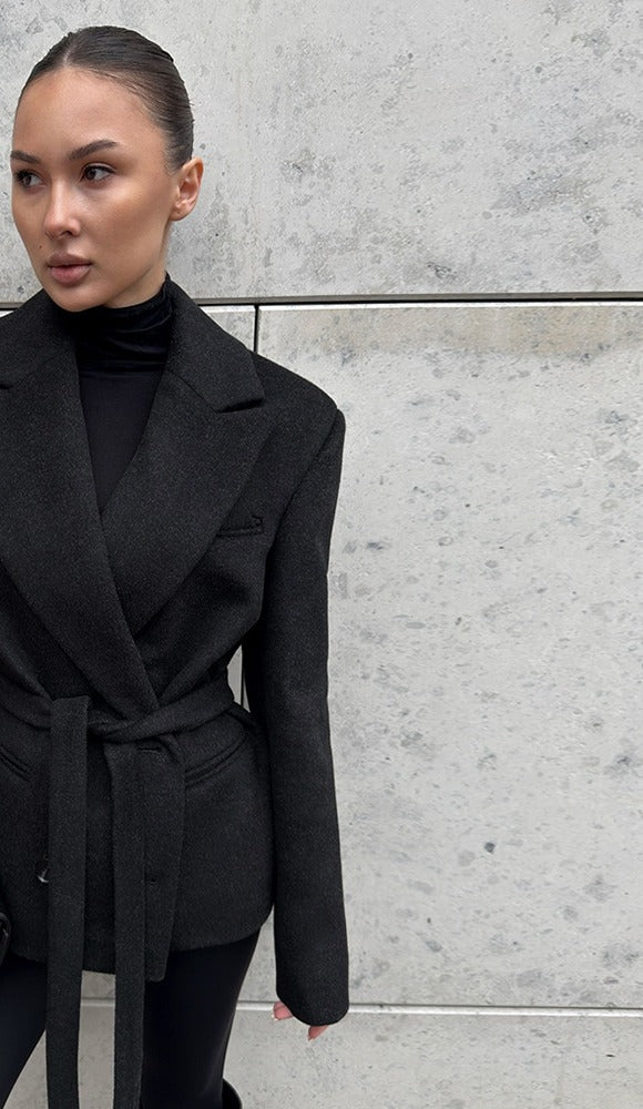 Oversized Double-Breasted Belted Blazer Jacket in Black — front view on model