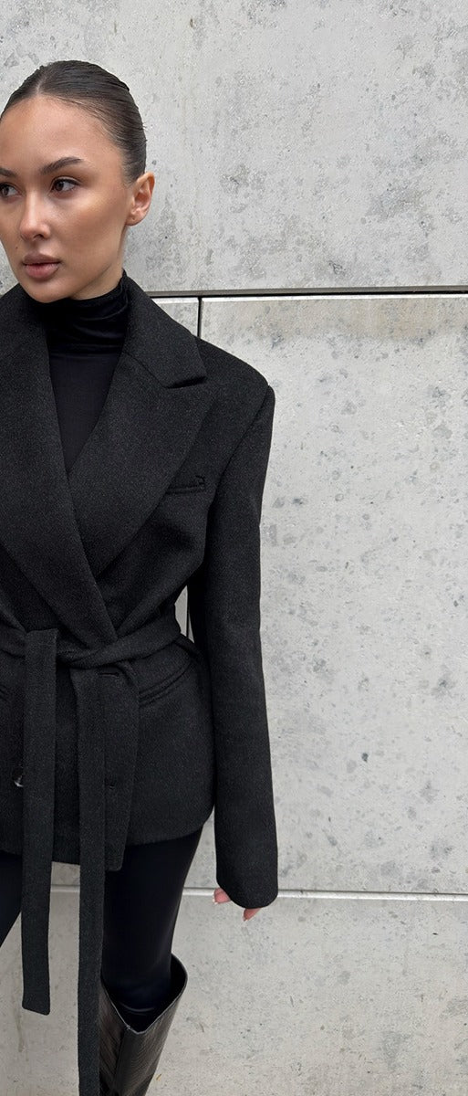 Oversized Double-Breasted Belted Blazer Jacket in Black — front view on model with the belt tied