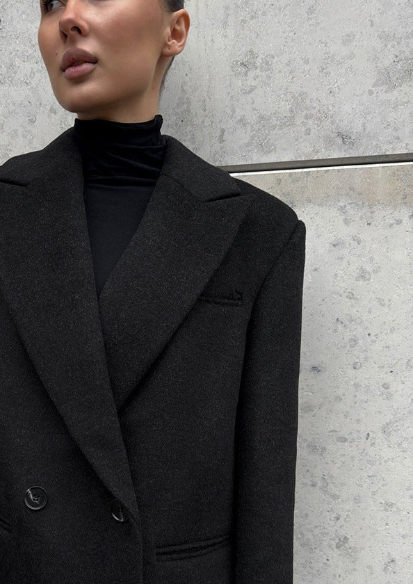 Oversized Double-Breasted Belted Blazer Jacket in Black — front view on model worn open