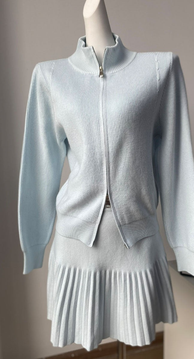 Zip-Up Knit Cardigan & Pleated Mini Skirt Set in Powder Blue — set on a form