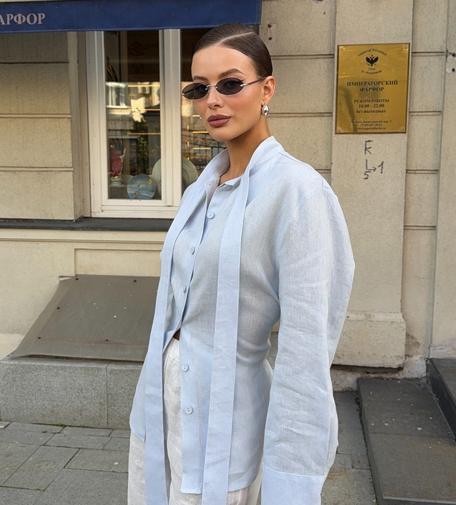 Cotton Tie-Neck Shirt with Lace-Up Back in Light Blue — front view on model