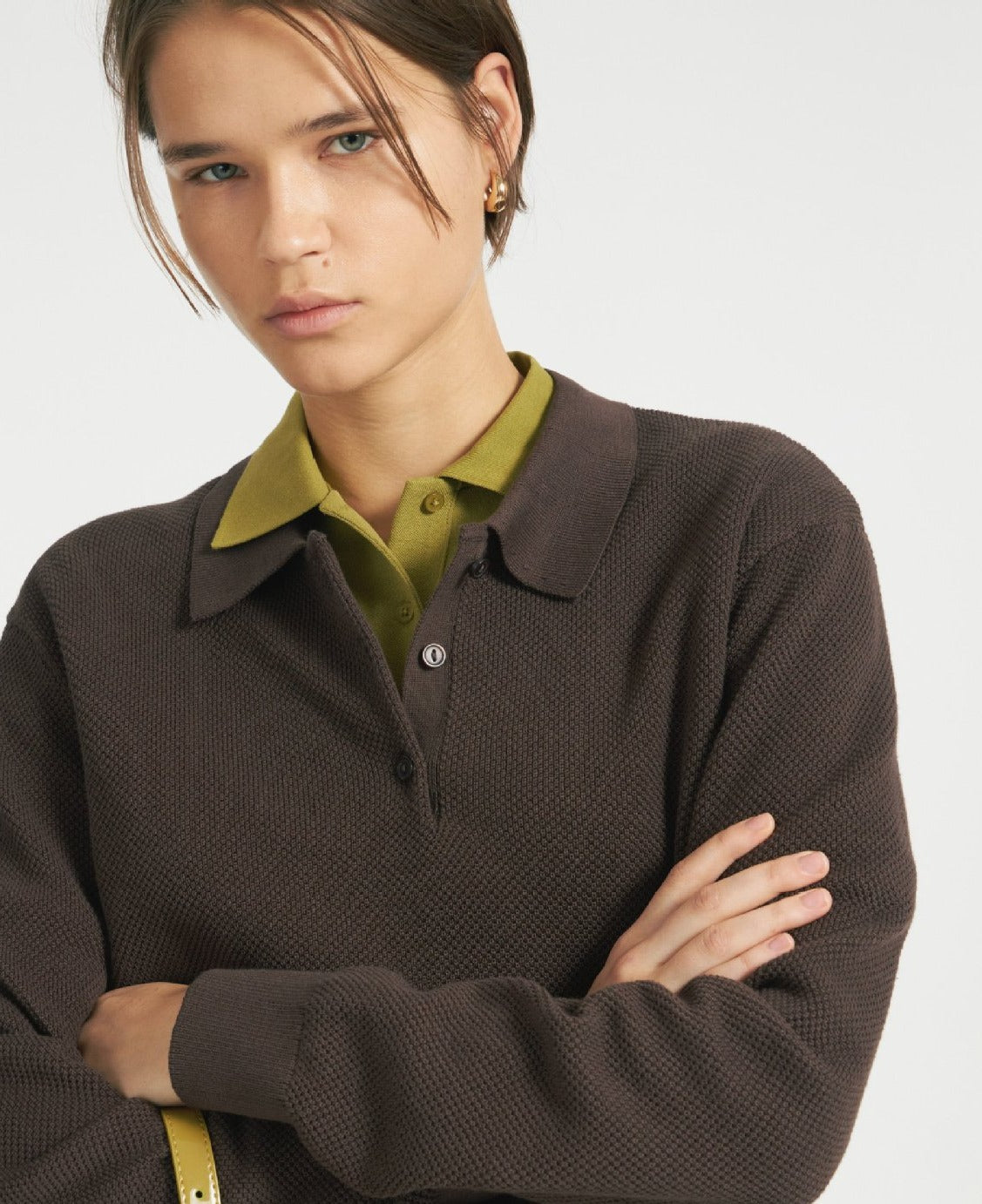Relaxed Polo Collar Knit Sweater in Chocolate — front view on model over a collared shirt