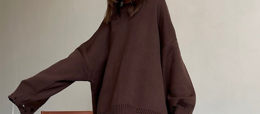Distressed-Hem Oversized Knit Sweater & Jogger Set in Chocolate Brown — on model