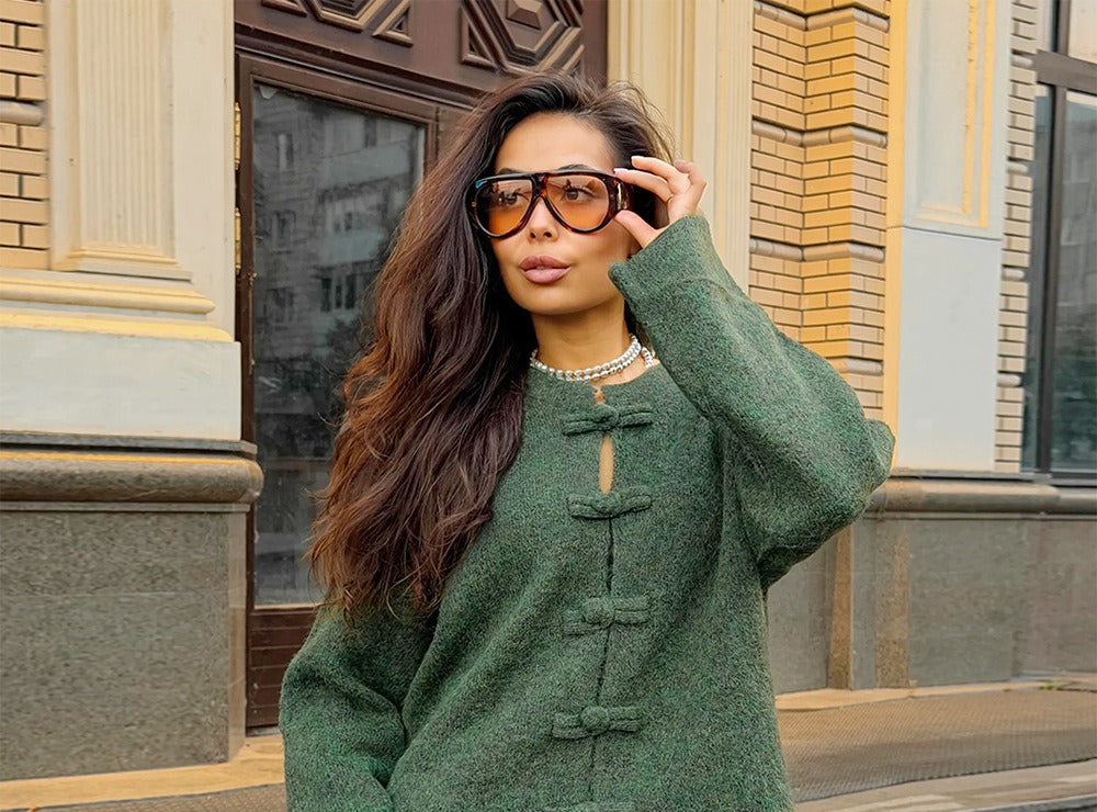 Boxy Knot-Button Crew Neck Cardigan in Pine Green — front view on model