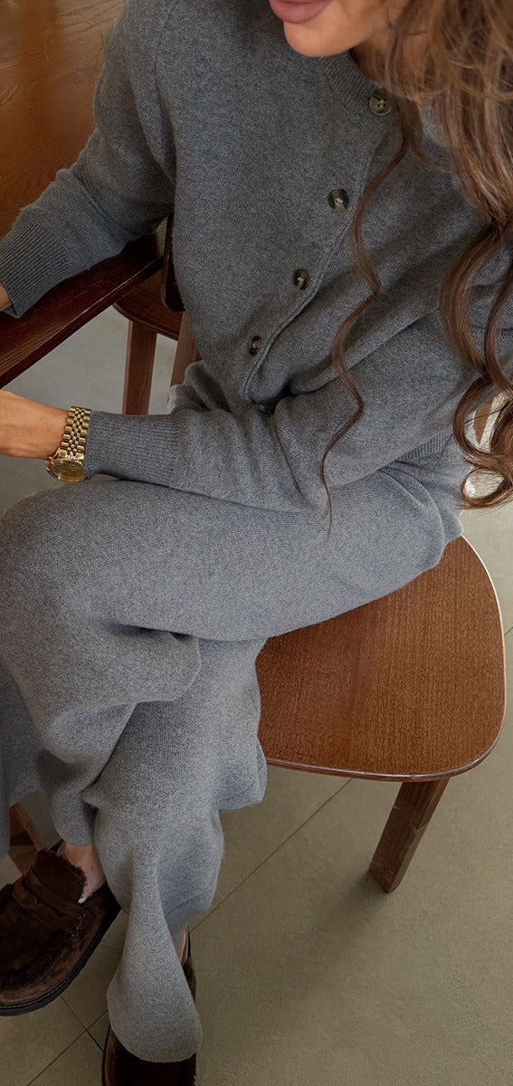 Crew Neck Button Cardigan & Straight-Leg Knit Pants Set in Heather Gray — seated close view on model