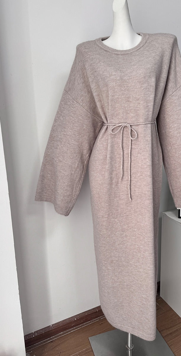 Relaxed Knit Maxi Sweater Dress with Tie Waist in Oatmeal — dress on a form