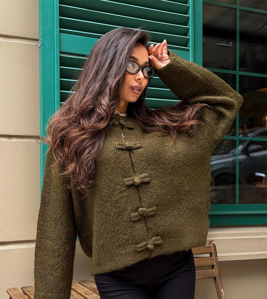 Boxy Knot-Button Crew Neck Cardigan in Olive — front view on model