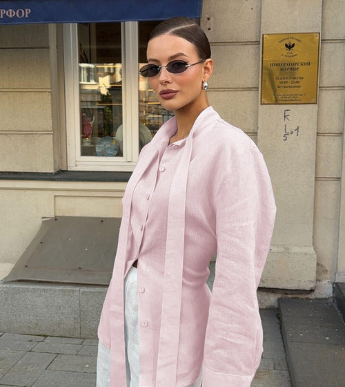 Cotton Tie-Neck Shirt with Lace-Up Back in Blush Pink — front view on model