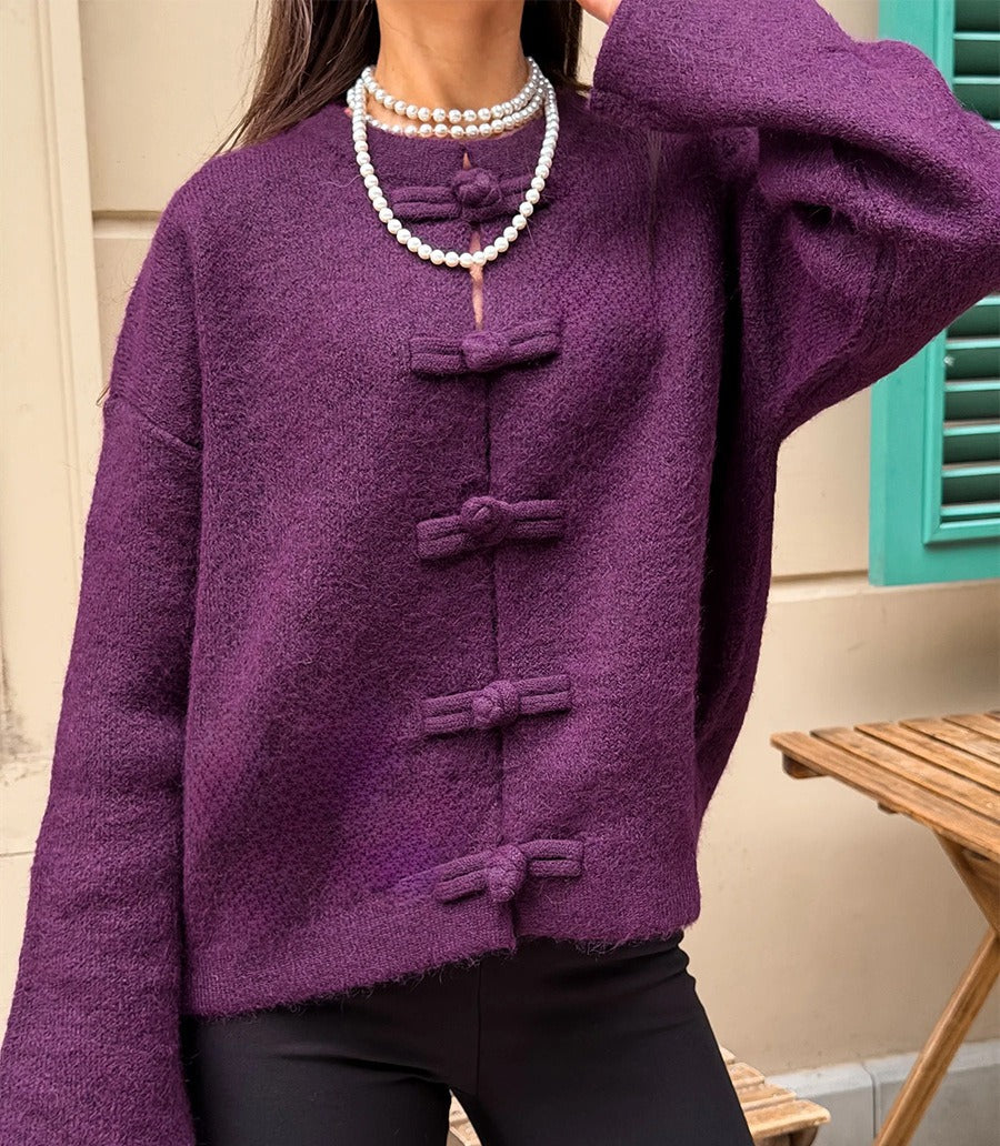 Boxy Knot-Button Crew Neck Cardigan in Plum — close front view on model