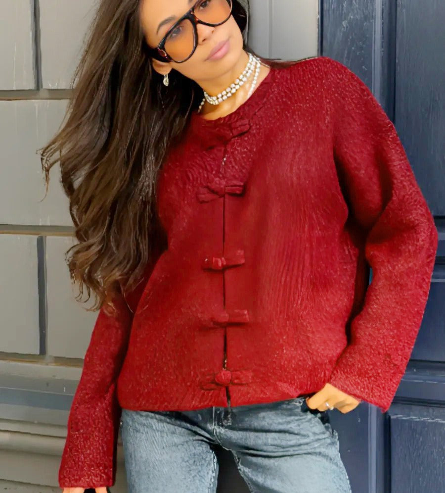 Boxy Knot-Button Crew Neck Cardigan in Red — front view on model
