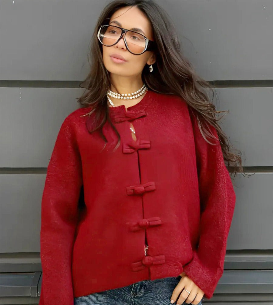 Boxy Knot-Button Crew Neck Cardigan in Red — front view on model