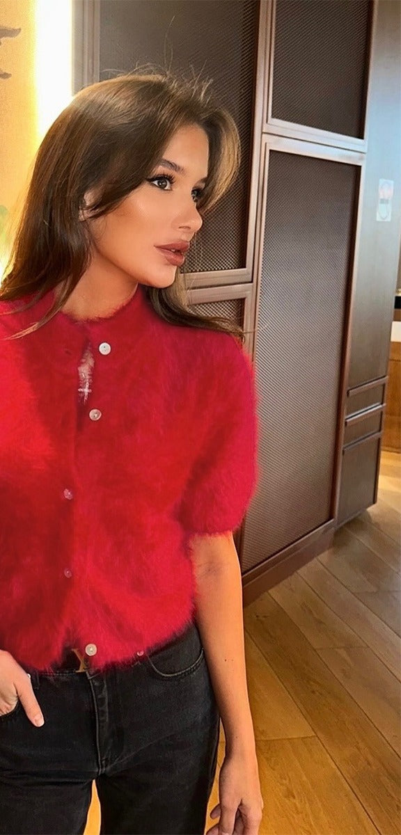 Fuzzy Knit Short Sleeve Cardigan with Mock Neck in Red — on model with black jeans