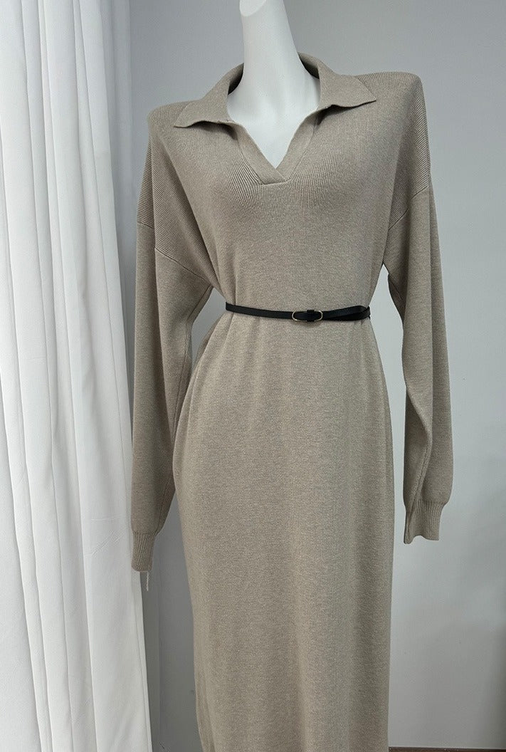 Polo Collar Knit Maxi Sweater Dress with Belt in Oatmeal — dress with the belt on a form