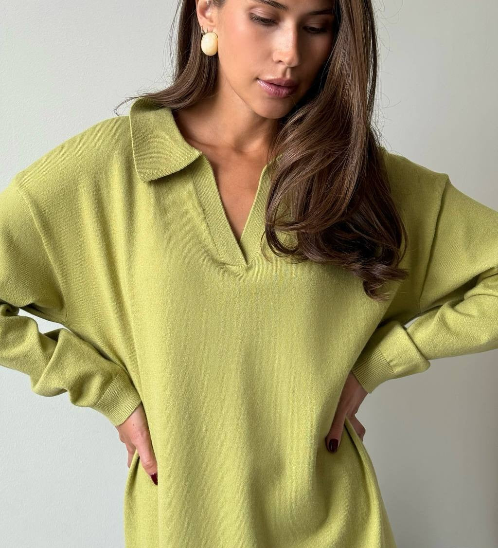Polo Collar Knit Maxi Sweater Dress with Belt in Matcha — close view of the polo collar on model