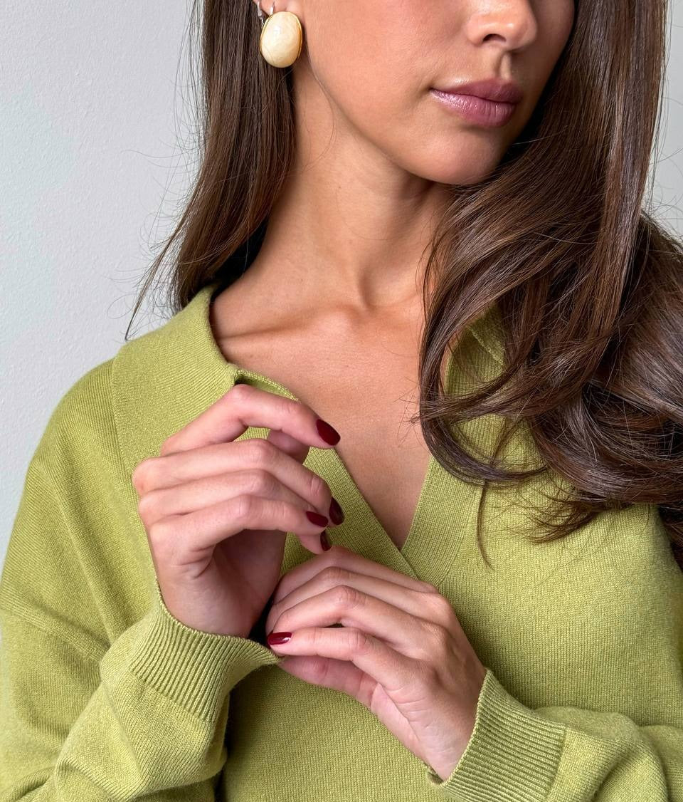 Polo Collar Knit Maxi Sweater Dress with Belt in Matcha — close-up of the V-neck