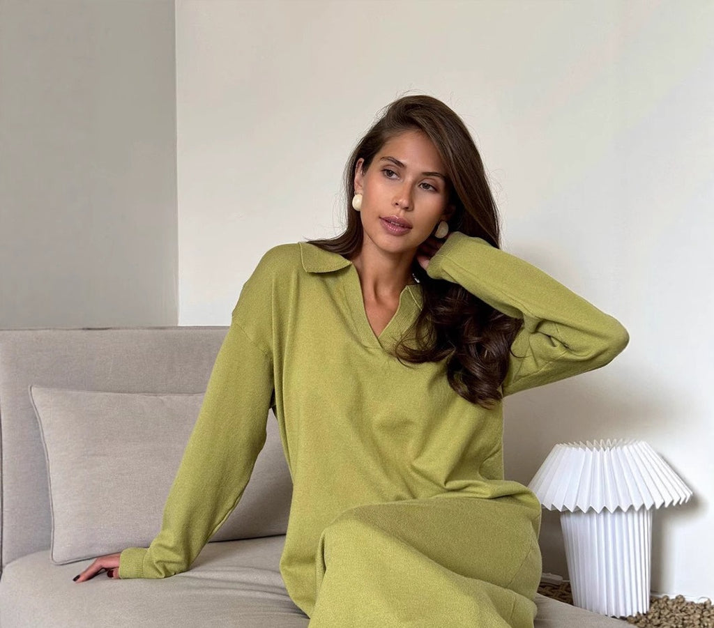 Polo Collar Knit Maxi Sweater Dress with Belt in Matcha — seated view on model