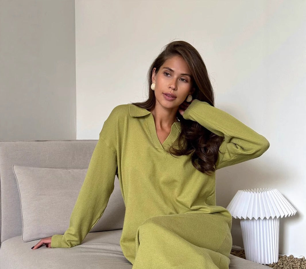 Polo Collar Knit Maxi Sweater Dress with Belt in Matcha — seated view on model