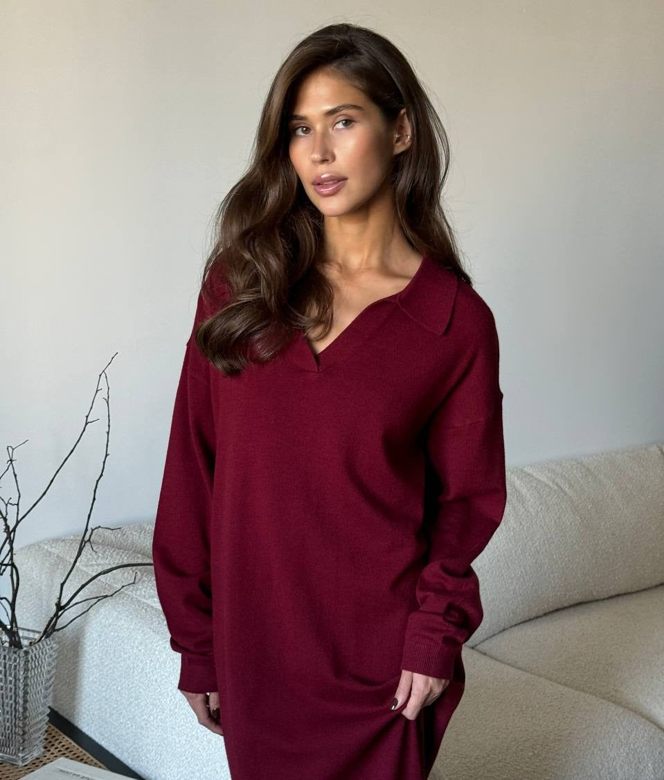 Polo Collar Knit Maxi Sweater Dress with Belt in Burgundy — front view on model