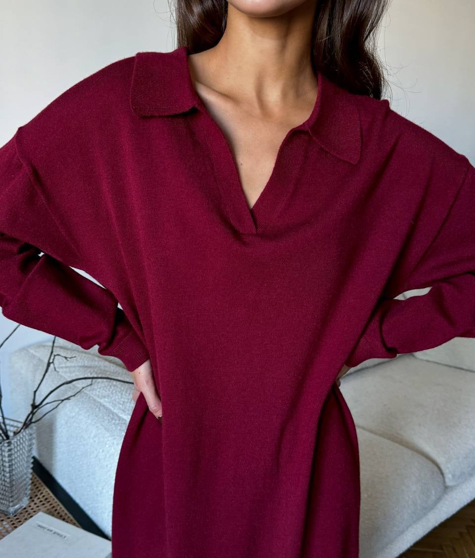 Polo Collar Knit Maxi Sweater Dress with Belt in Burgundy — close view on model