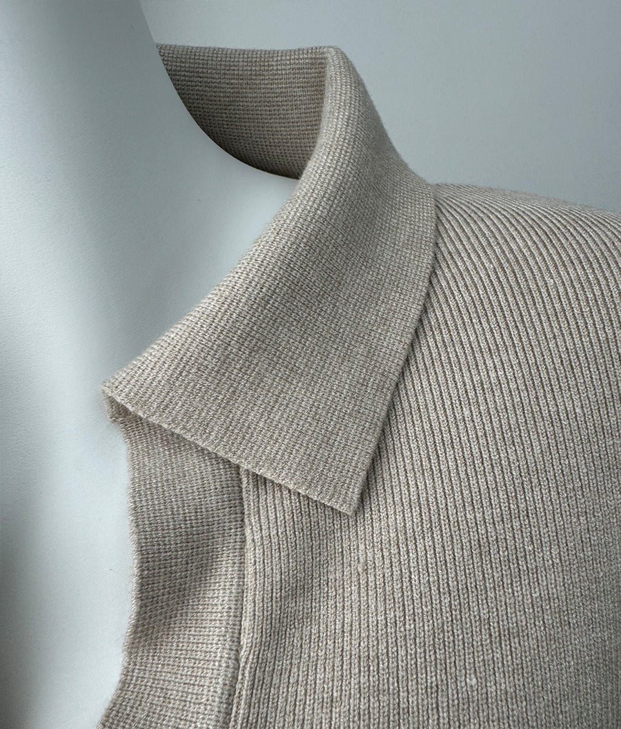 Polo Collar Knit Maxi Sweater Dress with Belt in Oatmeal — close-up of the collar