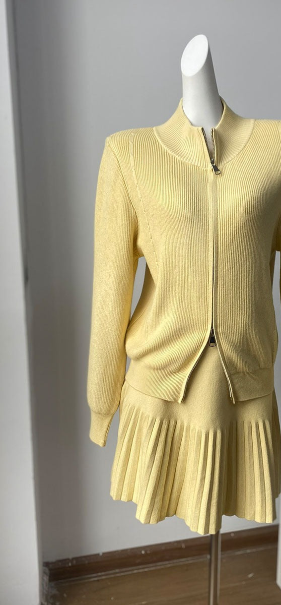 Zip-Up Knit Cardigan & Pleated Mini Skirt Set in Butter Yellow — set on a form